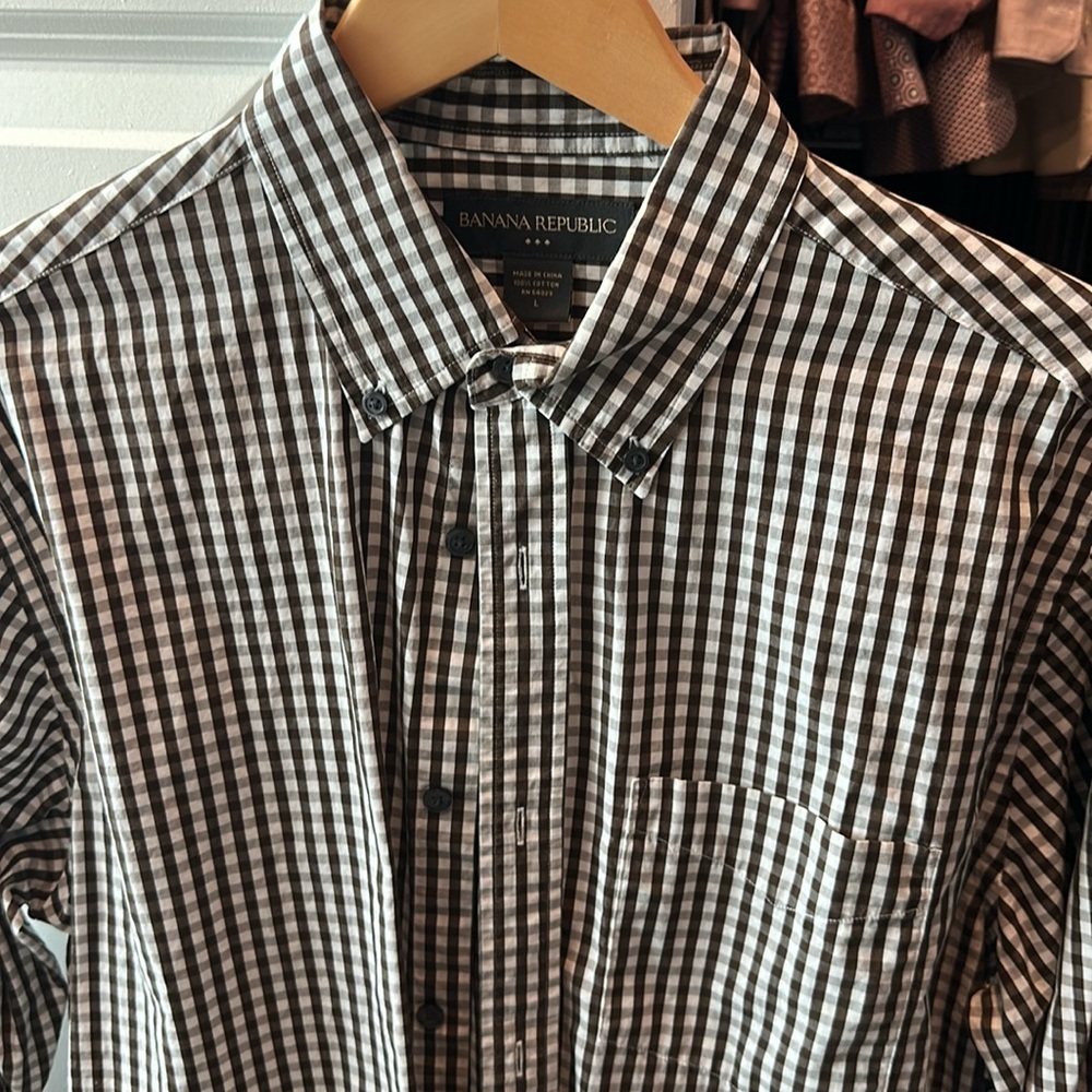 Banana Republic Men's Brown and White checkered Shirt L - Picture 3 of 6